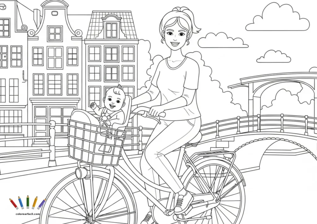 Una madre activa en ropa deportiva cruza un puente de Ámsterdam en bicicleta con su bebé en la cesta delantera, que saluda con la manita. Nubes esponjosas y casas holandesas crean una escena luminosa y alegre para colorear.