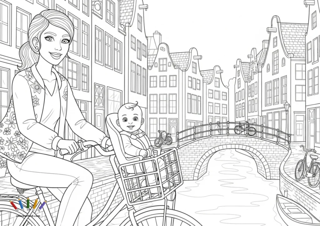 Una madre con blusa floral pedalea con su bebé por el corazón de Ámsterdam, con un puente de ladrillo, bicicletas aparcadas y una perspectiva profunda del canal entre casas holandesas. Una lámina con gran riqueza de detalles para colorear.