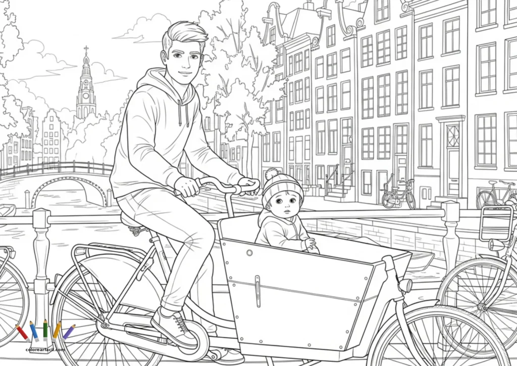Un padre joven con sudadera lleva a su bebé abrigado en el cajón de una bakfiets junto al canal de Ámsterdam. Una torre con reloj, el puente de arco y bicicletas aparcadas rodean esta auténtica escena urbana holandesa para colorear