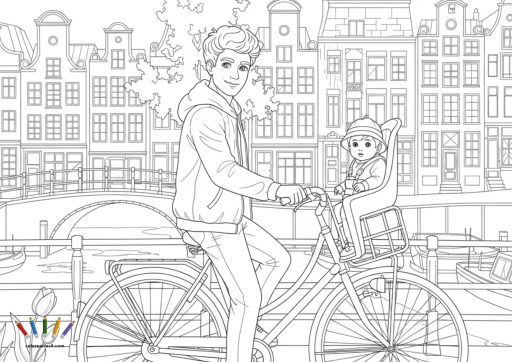Un padre joven pedalea con su bebé con casco en la sillita trasera a lo largo del canal de Ámsterdam. Un tulipán en primer plano, barcas en el agua y las elegantes fachadas holandesas enmarcan esta tierna escena para colorear.