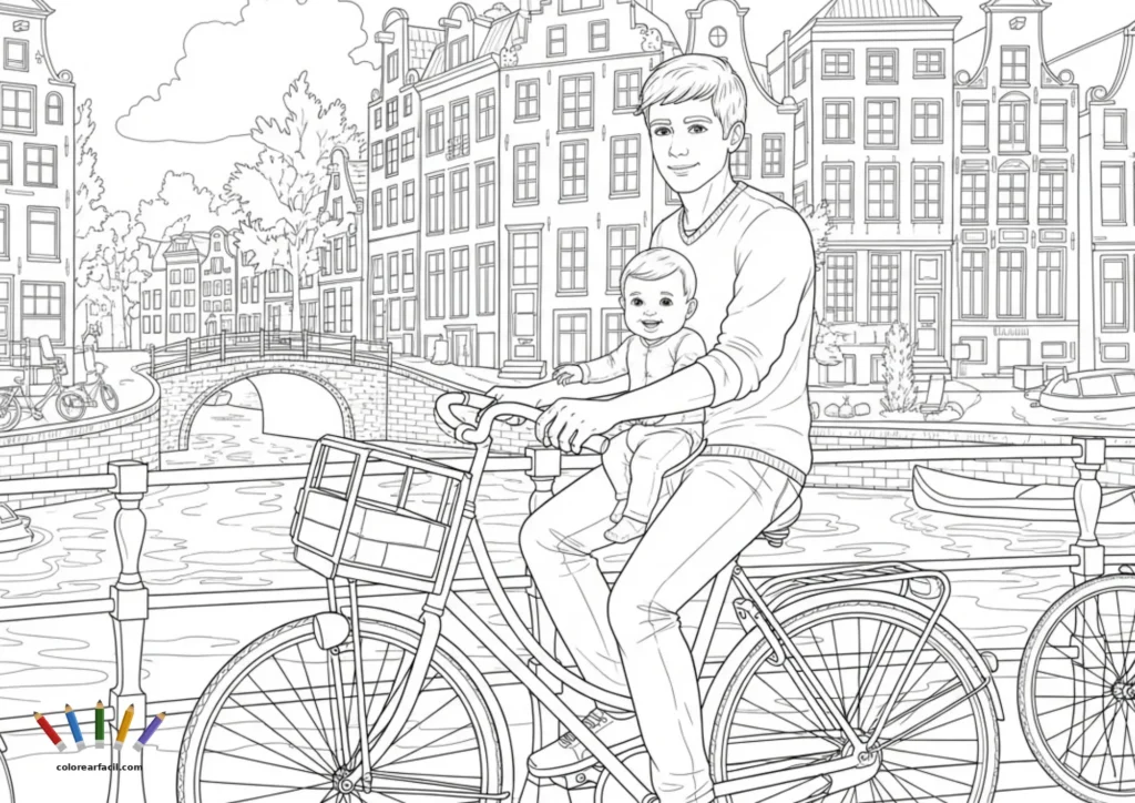 Un padre equilibra a su bebé sonriente sobre el manillar de la bici mientras cruza un puente de ladrillo en Ámsterdam. Una escena familiar espontánea y llena de ternura, con el canal y las casas holandesas de fondo, perfecta para colorear.