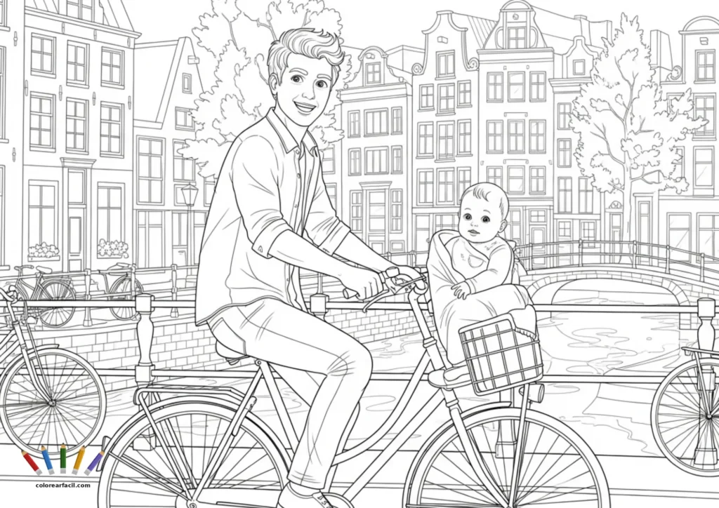 Un padre joven y sonriente pedalea con su bebé en la sillita delantera cruzando un puente sobre el canal de Ámsterdam. Bicicletas aparcadas, farolas y las casas holandesas al atardecer crean una escena urbana cálida y detallada para colorear.