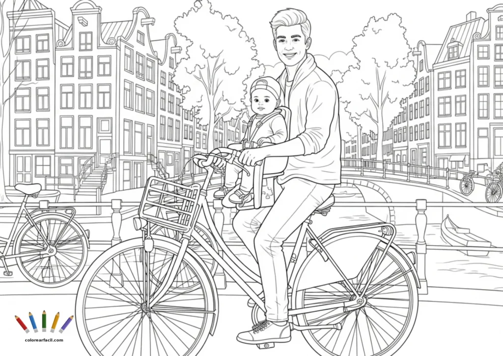 Un padre con chaqueta pedalea sonriente con su bebé en gorra de visera en la sillita delantera junto al canal de Ámsterdam. Otra bici aparcada, un puente y barcas en el agua completan esta escena urbana muy detallada para colorear.