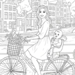 Una madre con vestido vuelve de la compra en bici con flores y una baguette en la cesta, mientras su bebé mordisquea algo feliz en la sillita trasera. Una escena cotidiana y encantadora junto al canal de Ámsterdam para colorear