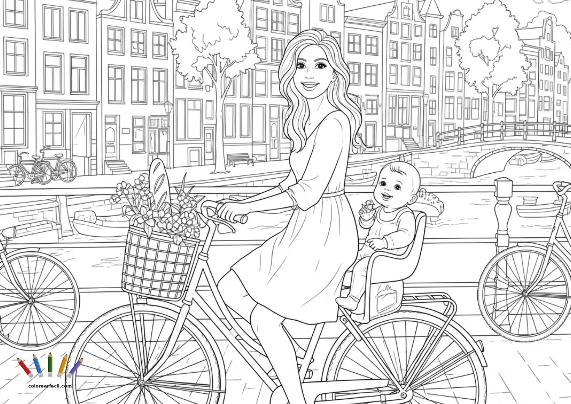 Una madre con vestido vuelve de la compra en bici con flores y una baguette en la cesta, mientras su bebé mordisquea algo feliz en la sillita trasera. Una escena cotidiana y encantadora junto al canal de Ámsterdam para colorear