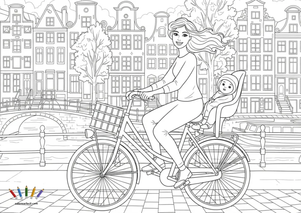 Una madre con ropa casual y el pelo suelto al viento pedalea por el adoquinado de Ámsterdam con su bebé abrigado en la sillita trasera. Un puente de ladrillo, barcas y las casas holandesas crean un fondo panorámico para colorear.