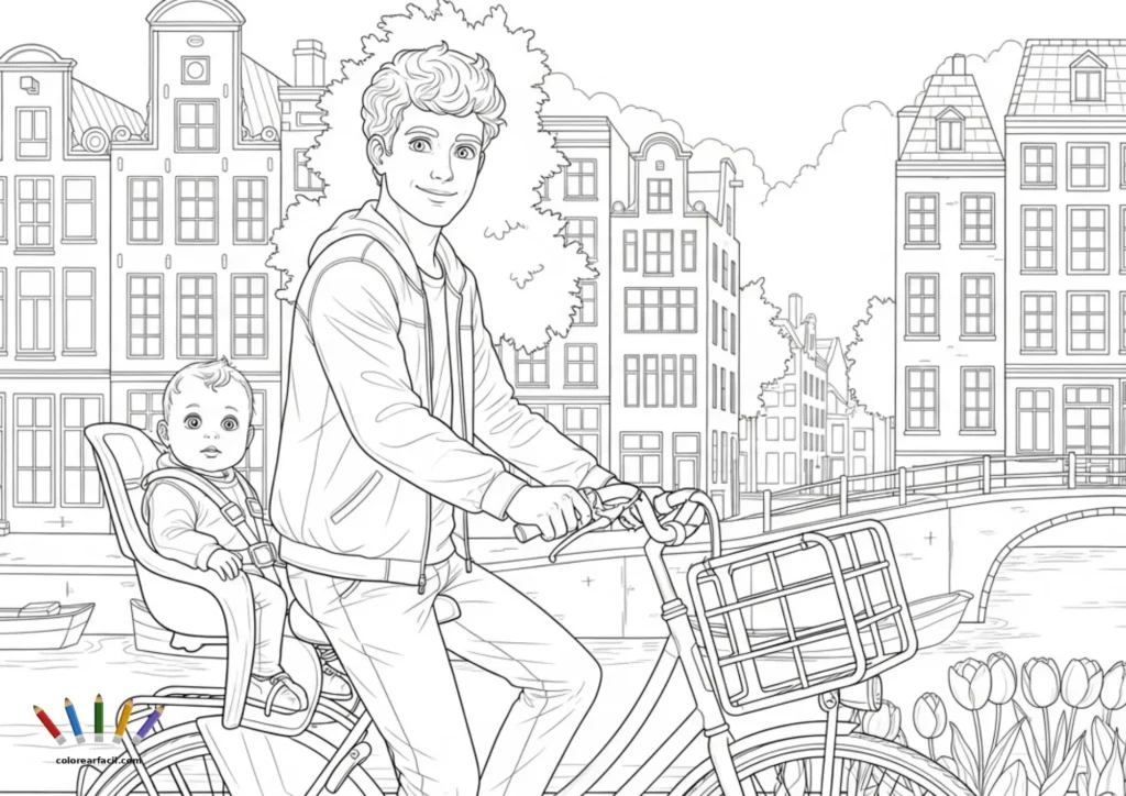 Un padre joven de pelo rizado pedalea tranquilo con su bebé de ojos muy abiertos en la sillita trasera, junto al canal de Ámsterdam. Tulipanes en primer plano, barcas en el agua y las típicas fachadas holandesas crean una escena primaveral para colorear.