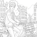 Un padre joven de pelo rizado pedalea tranquilo con su bebé de ojos muy abiertos en la sillita trasera, junto al canal de Ámsterdam. Tulipanes en primer plano, barcas en el agua y las típicas fachadas holandesas crean una escena primaveral para colorear.