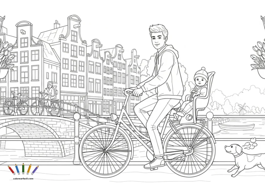 Un padre pedalea con su bebé en la sillita trasera a lo largo de un canal de Ámsterdam, acompañados por un perrito juguetón. Al fondo, el puente de piedra y los molinos de viento completan esta escena holandesa llena de detalles para colorear.