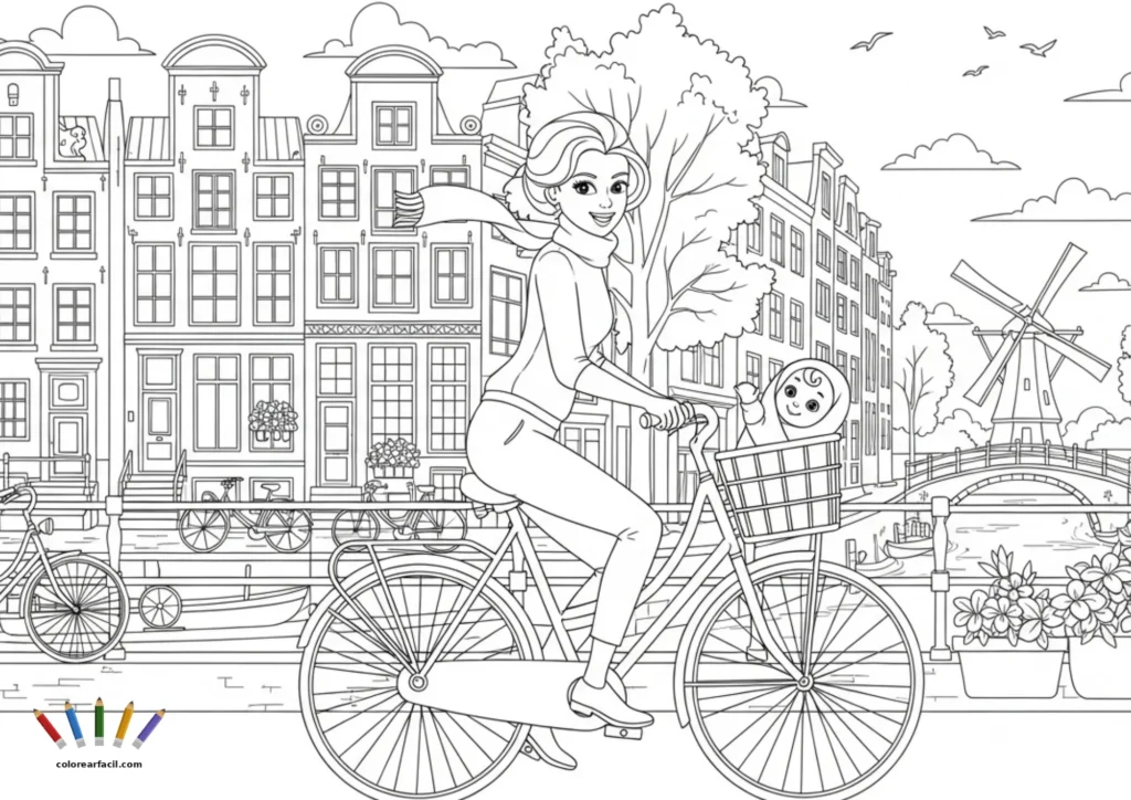 Una joven madre pedalea sonriente con su bebé en la cesta delantera por los canales de Ámsterdam. Molinos de viento, puentes y las típicas casas holandesas llenan esta preciosa lámina para colorear.