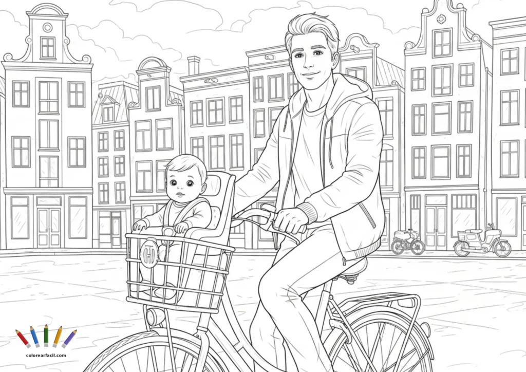 Un joven padre recorre las calles adoquinadas de Ámsterdam en bicicleta con su bebé en la cesta delantera. Las imponentes fachadas holandesas y las motos aparcadas al fondo completan esta escena urbana perfecta para colorear. ________________________________________