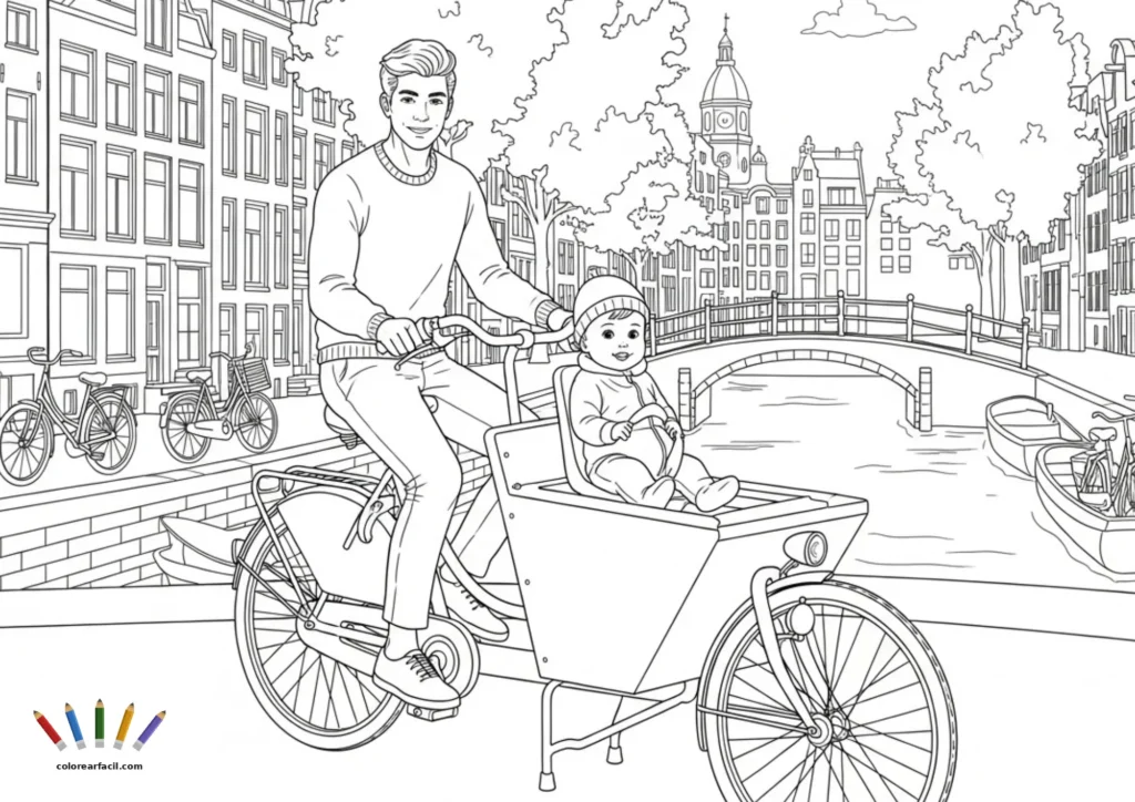 Un padre pasea a su bebé en una bakfiets —la típica bici de carga holandesa— junto a los canales de Ámsterdam. Un puente de arco, una torre con cúpula y barcas en el agua completan esta auténtica estampa urbana para colorear
