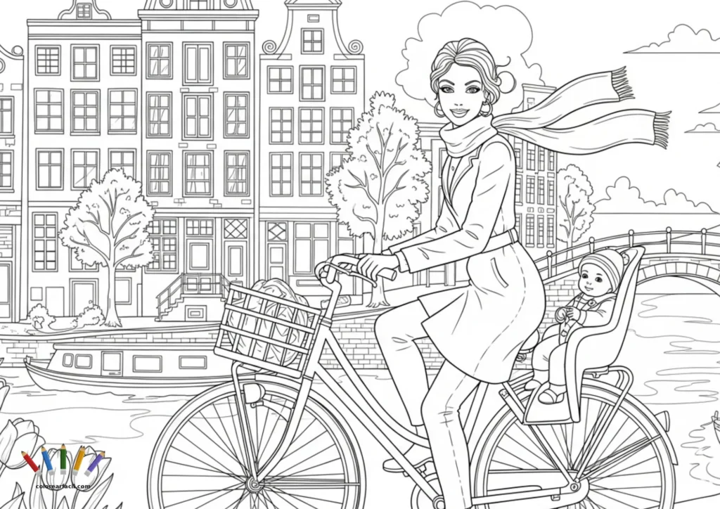 Una madre elegante con abrigo y bufanda al viento pedalea con su bebé en la sillita trasera junto a los canales de Ámsterdam. Tulipanes, una barcaza y el puente de piedra crean una escena otoñal llena de encanto para colorear