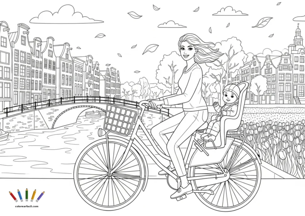 Una madre de pelo al viento pedalea con su bebé en la sillita trasera junto a un campo de tulipanes y los canales de Ámsterdam. Hojas volando, puentes y casas holandesas hacen de esta lámina una escena otoñal preciosa para colorear