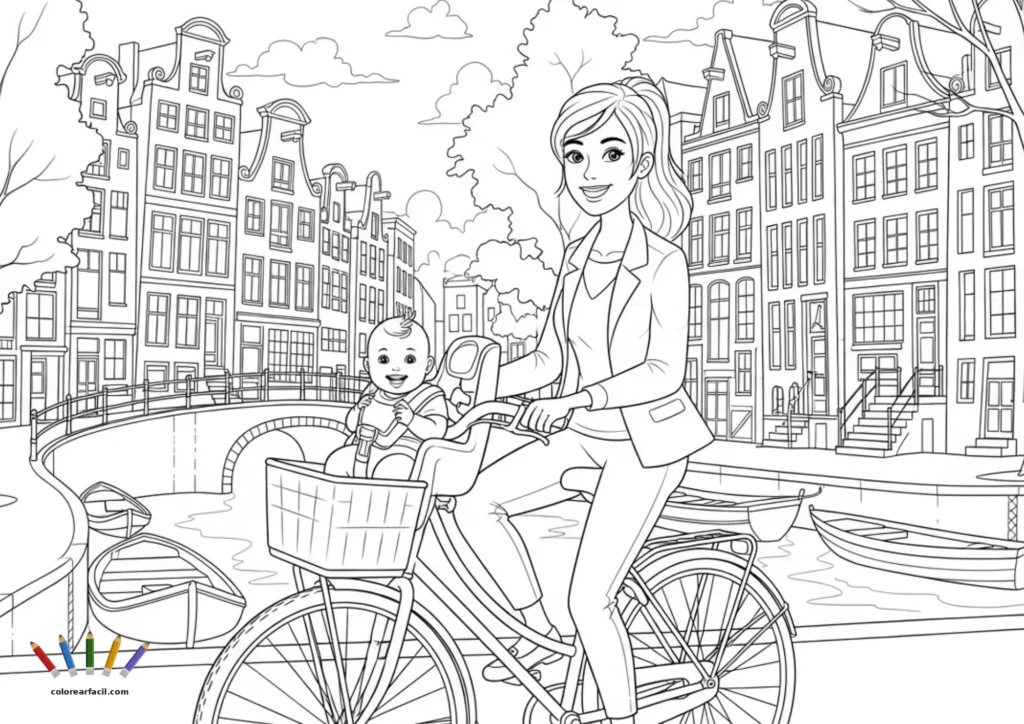 Una madre moderna y elegante pedalea sonriente con su bebé en la sillita delantera por los canales de Ámsterdam. Barcas, puentes curvos y las magníficas fachadas holandesas llenan esta lámina de detalles para colorear.