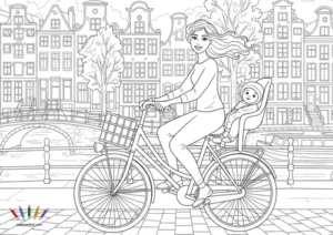 A4 Ciudades Amsterdam Miniatura Mama Con Pelo Al Viento Y Bebe En Bici Por Amsterdam 0021 300x212