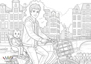A4 Ciudades Amsterdam Miniatura Papa Rizado Con Bebe Curioso En Bici Junto A Los Tulipanes De Amsterdam 0022 300x212