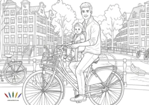 A4 Ciudades Amsterdam Miniatura Papa Con Bebe En Gorra En Bici Por El Canal De Amsterdam 0018 300x212