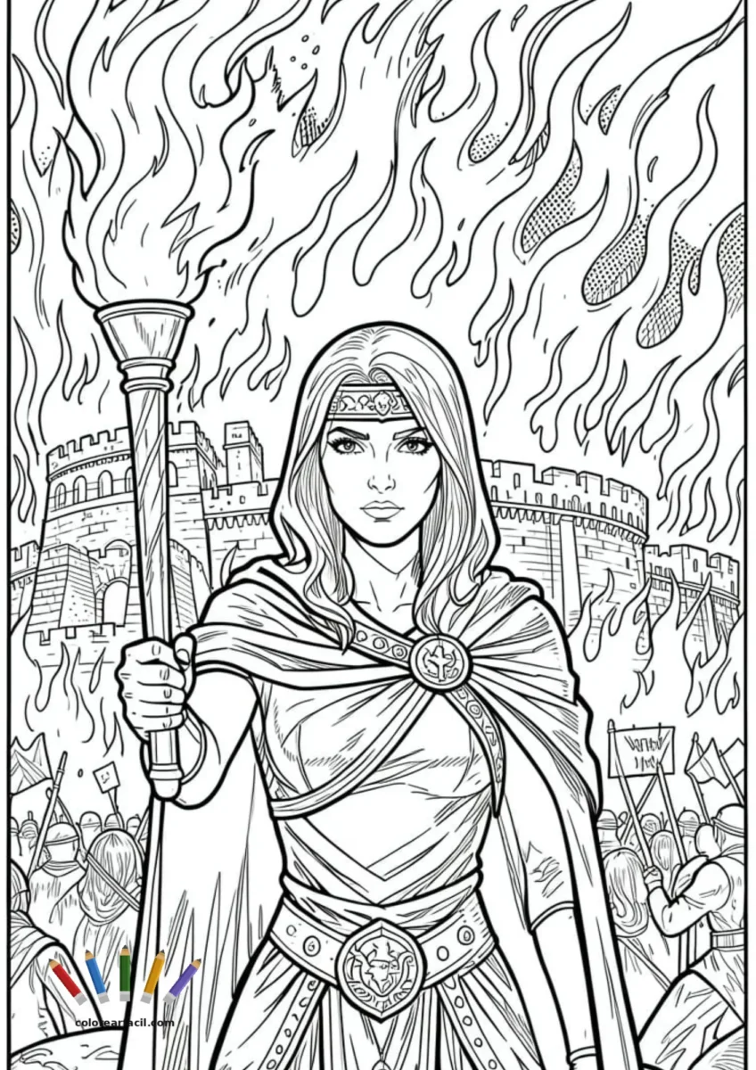 De porte firme y mirada desafiante, Cassandra como princesa guerrera sostiene su antorcha
frente a las murallas asediadas, con el ejército enemigo cerrando el horizonte.