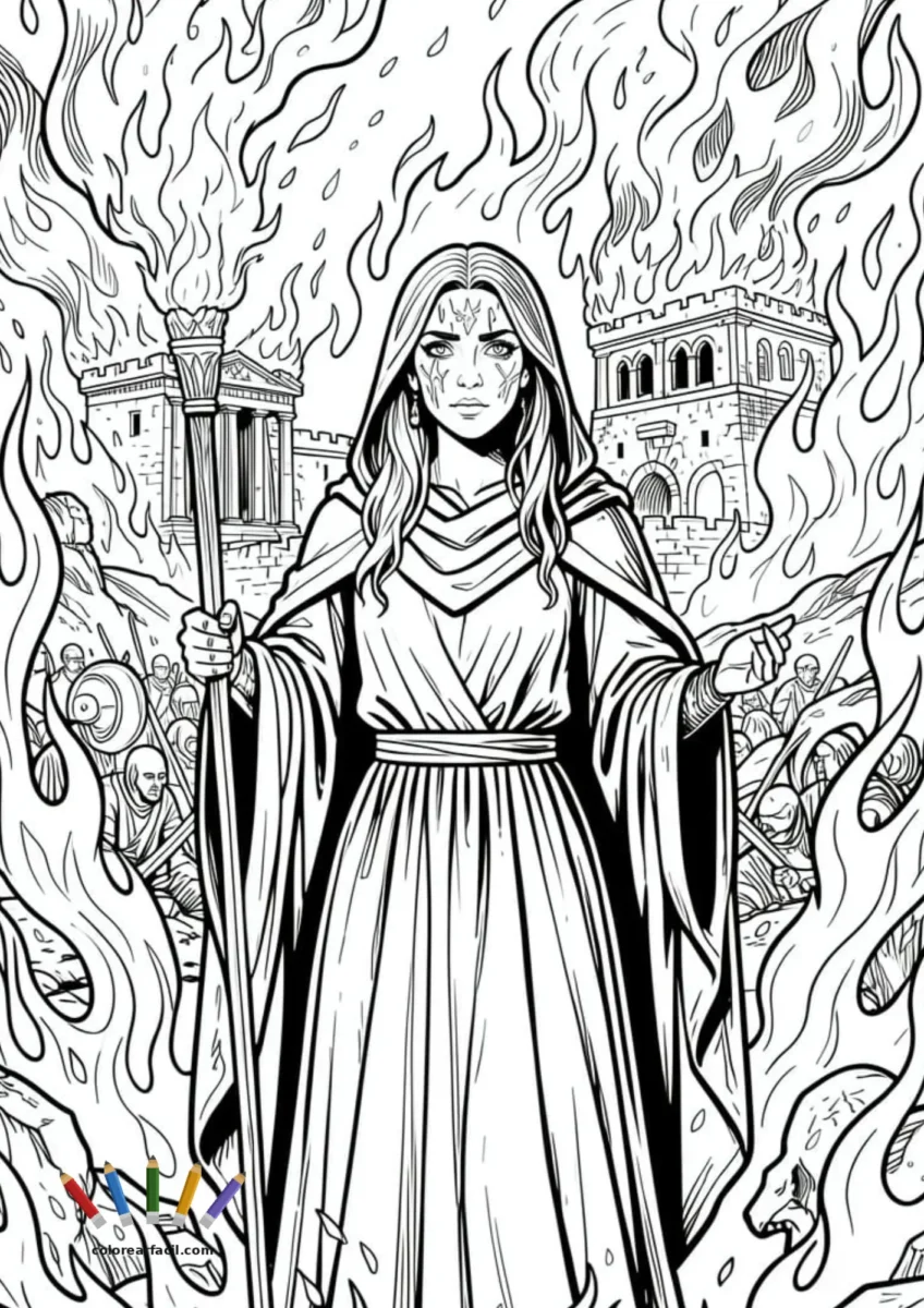 Envuelta en llamas y sombras, Cassandra se erige como figura central entre el caos del saqueo,
portando su antorcha mientras visiones de soldados y ruinas la rodean.