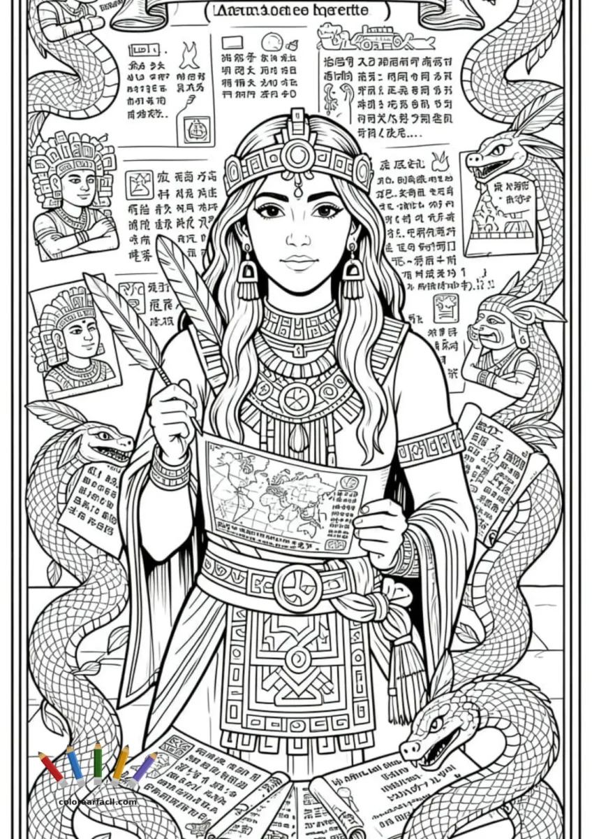 MALINALI EL ORIGEN DEL NOMBRE "Ilustración vertical con Malinche rodeada de textos, mapas y serpientes, evocando su historia completa