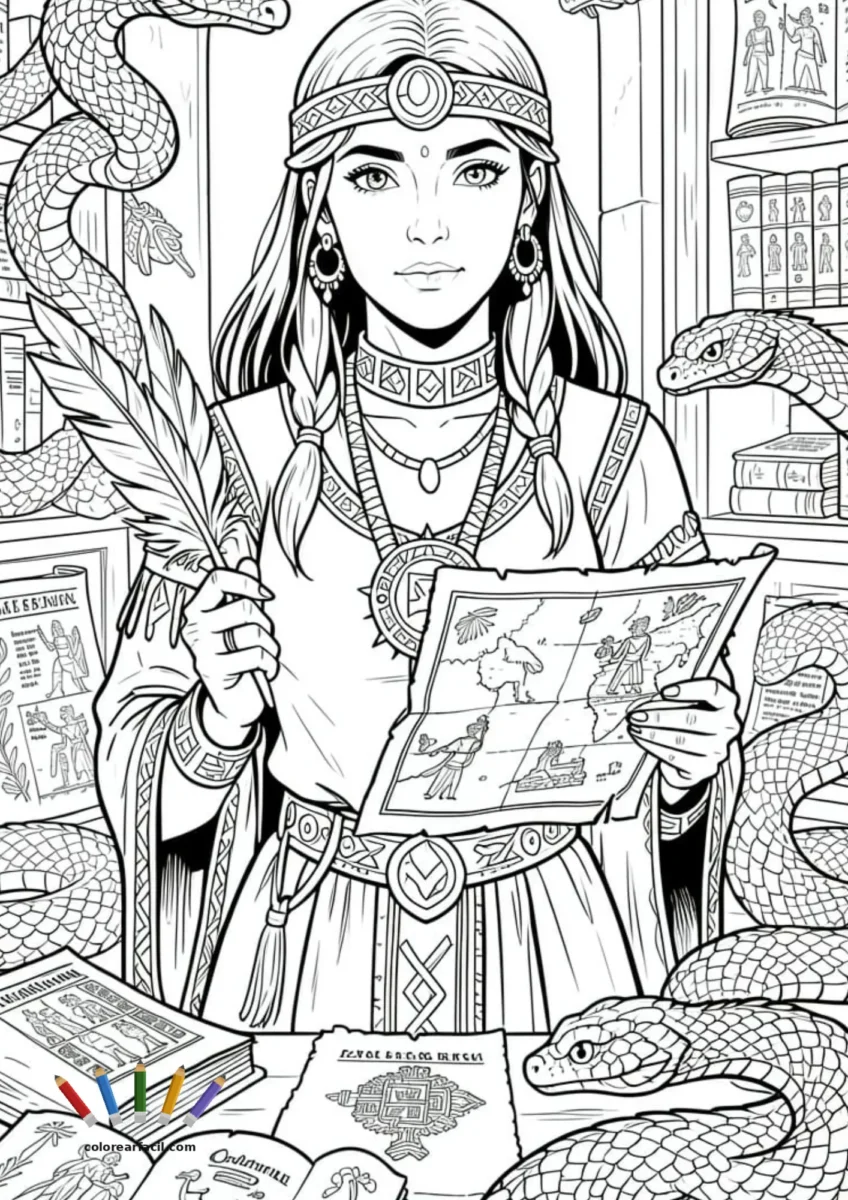 Malinche sostiene una pluma y un códice mientras serpientes y libros la rodean en una biblioteca ancestral.