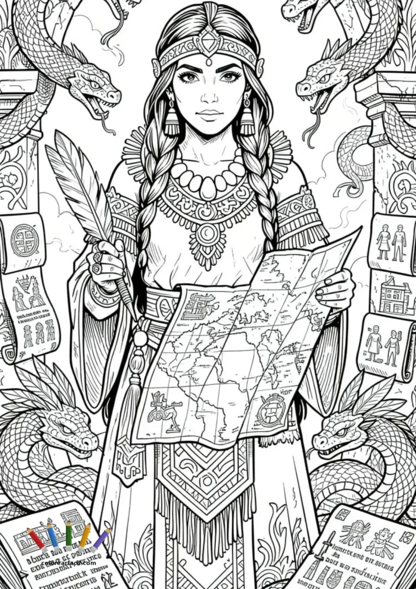 Malinche entre columnas adornadas con dragones, portando un mapa y una pluma entre pergaminos
desenrollados