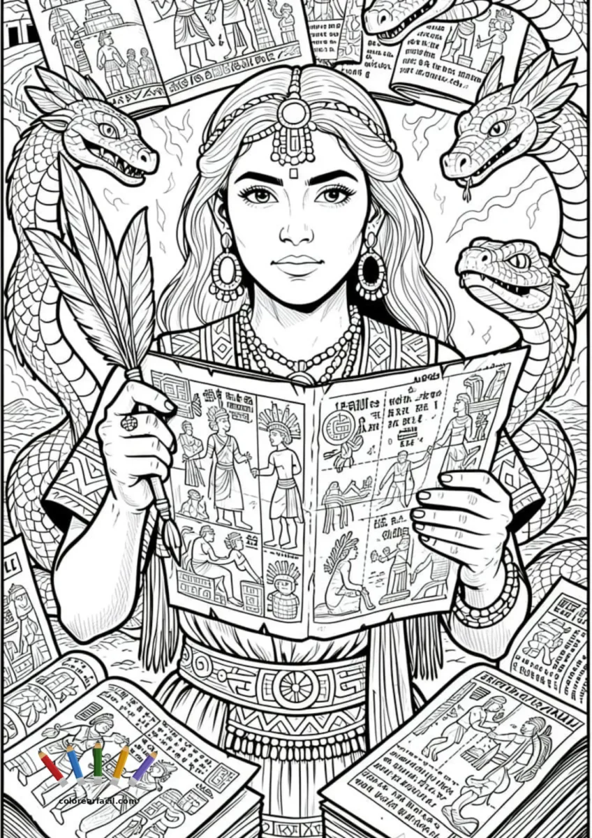 Malinche lee un códice ilustrado con escenas prehispánicas, flanqueada por serpientes y rodeada de manuscritos