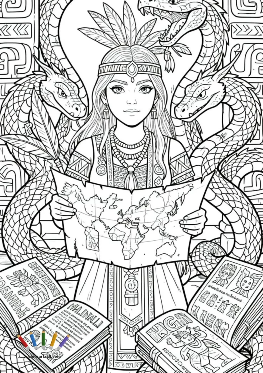 Malinche con tocado de plumas sostiene un mapa del mundo moderno, rodeada de dragones y libros con su
nombre.