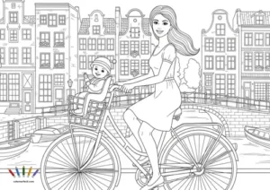 A4 Ciudades Amsterdam Miniatura Mama Con Vestido Y Bebe Saludando En Bici Por Amsterdam 0017 300x212
